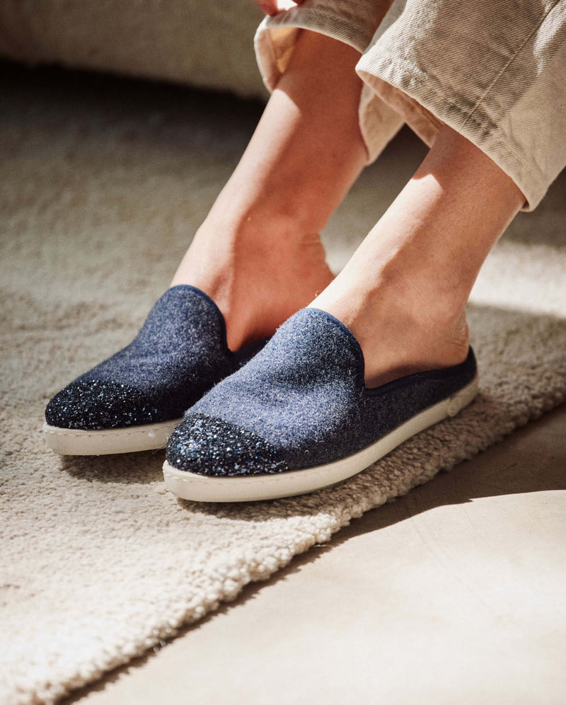 Women's wool mule, navy sequins close up Angarde