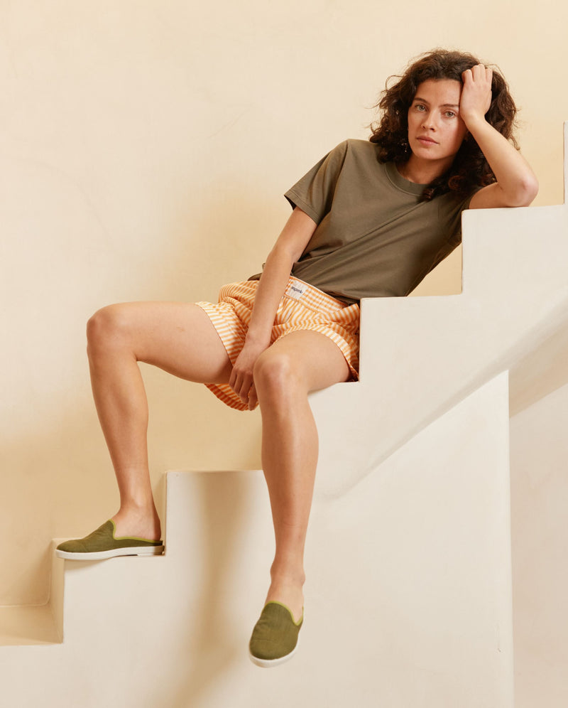 Mule mujer lino caqui pistacho mood Angarde