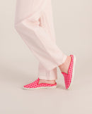Red-pink gingham women's mule wearing Angarde