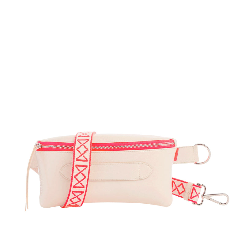 Coachella2 - Sac ceinture Beltbag Marie Martens Crème cuir vernis froissé - Zip rose fluo 