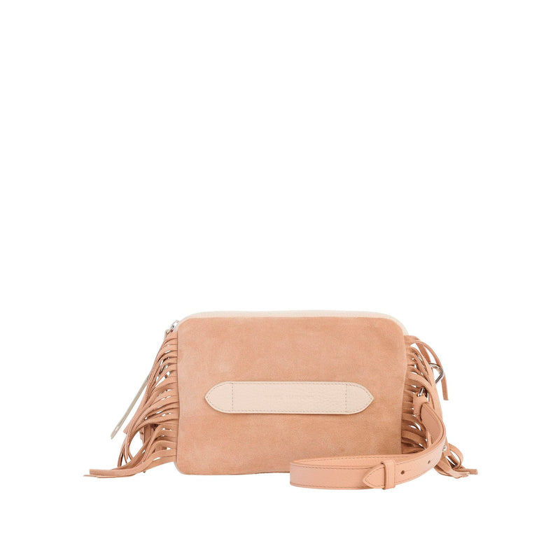 Bento - Sac Porté Épaule Handbag Marie Martens Beige & Crème à franges mix daim et cuir grainé - Zip rose fluo 