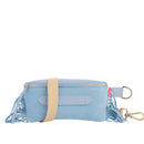 Coachella - Sac ceinture Beltbag Marie Martens Bleu clair en cuir velours (daim) et grainé à franges - Zip bleu 
