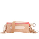 Coachella2 - Sac ceinture Beltbag Marie Martens Beige & Crème cuir velours (daim) et grainé à franges - Zip rose fluo 