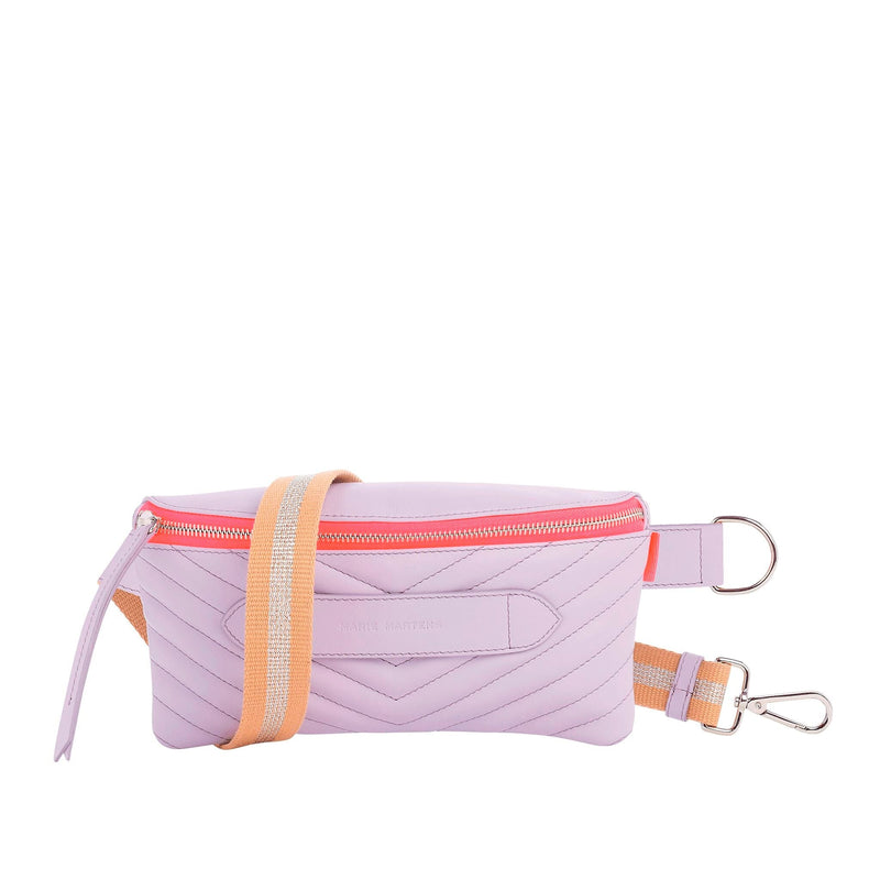 Coachella2 - Sac ceinture Beltbag Marie Martens Lilas matelassé cuir lisse - Zip rose fluo 