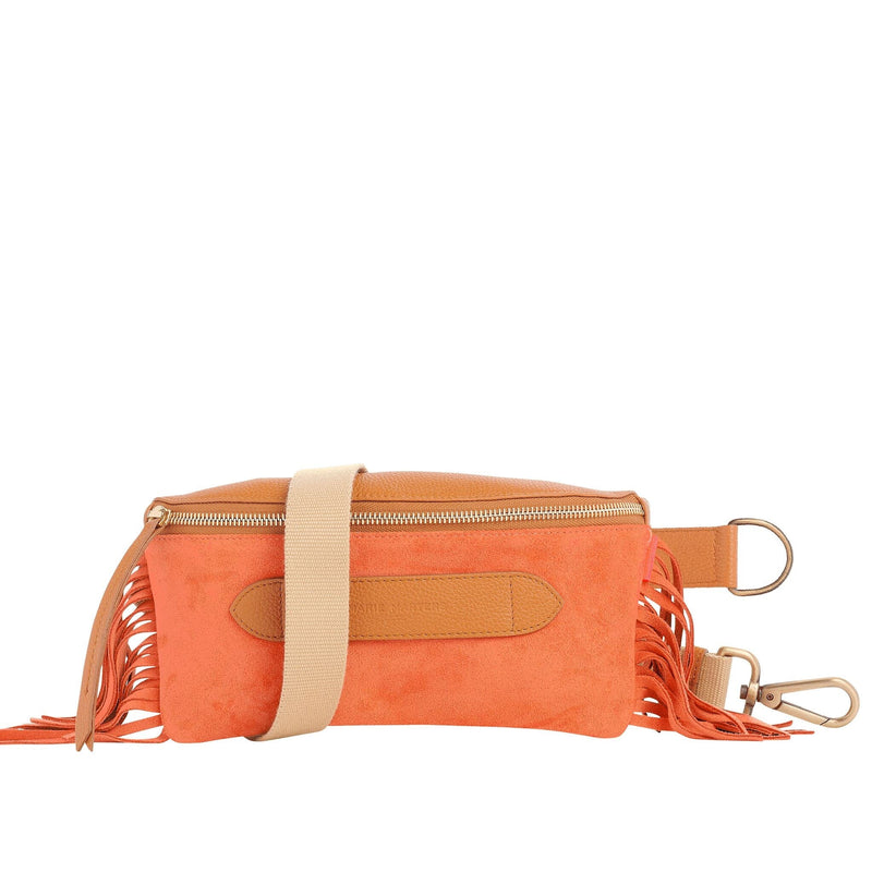 Coachella2 - Sac ceinture Beltbag Marie Martens Orange & Camel cuir velours (daim) et grainé à franges - Zip camel 