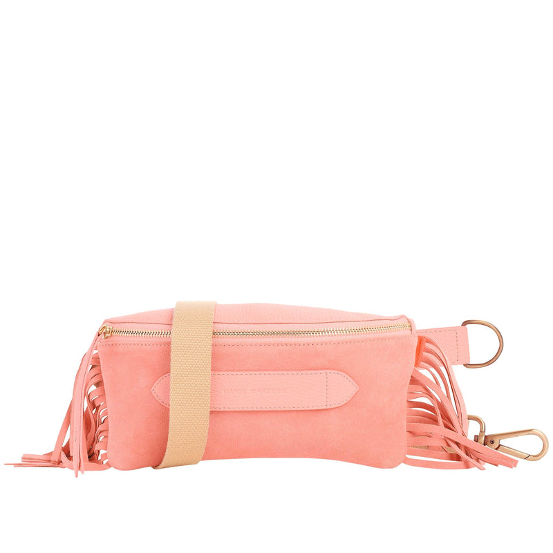 Coachella - Sac ceinture Beltbag Marie Martens Rose en cuir velours (daim) et grainé à franges - Zip rose 