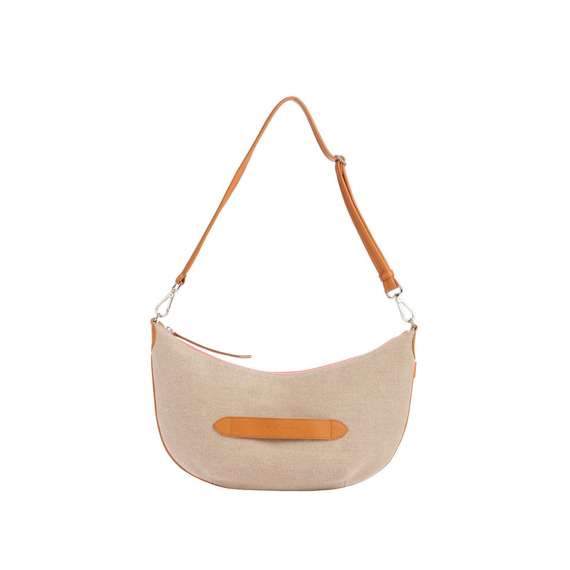 Smile - Sac Porté Croisé Shoulder Bag Marie Martens Beige & Camel en lin/chanvre et cuir grainé - Zip rose fluo 