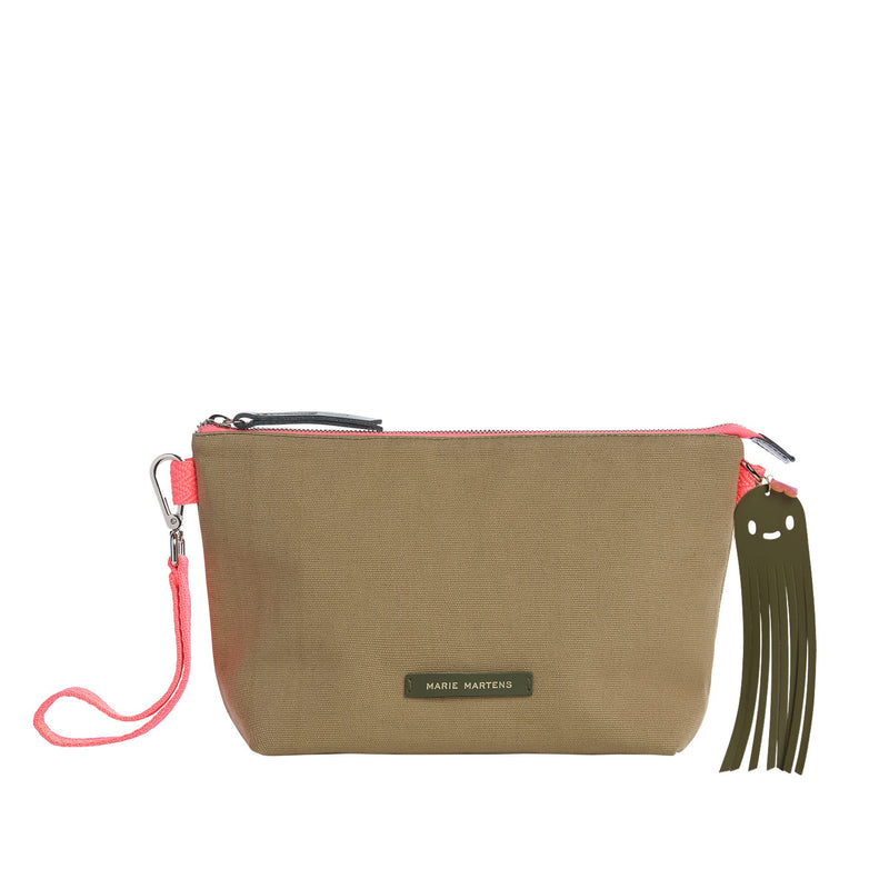 Pochette en toile kaki Marie Martens avec fermeture zippée et charms Octopus en cuir attaché