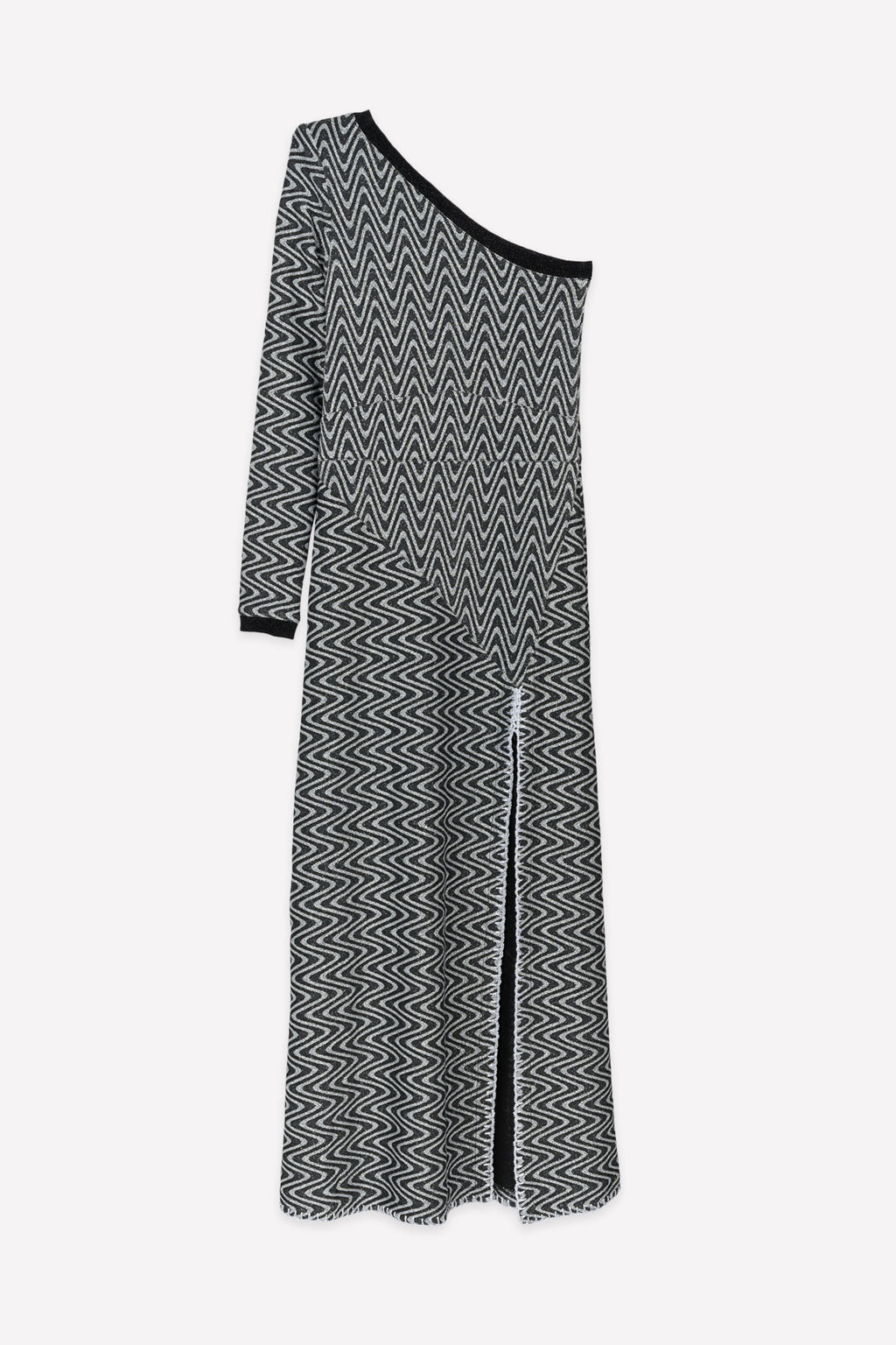 Michonet – Robe Asimetrico Silver, robe longue asymétrique noire et blanche à motif zigzag