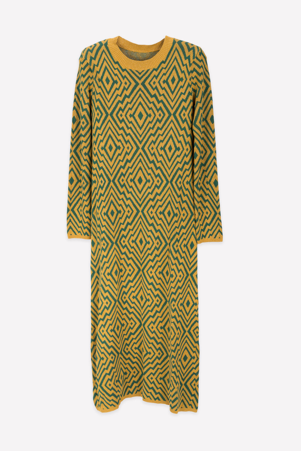 Michonet – Robe Chevron Golden, lang strikket gul og grøn kjole med geometriske mønstre