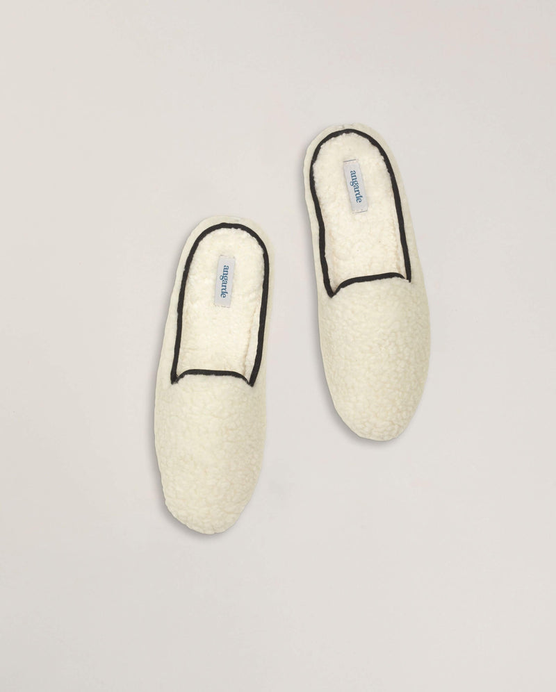 Mule femme bouclette de laine, blanc noir Angarde packshot haut