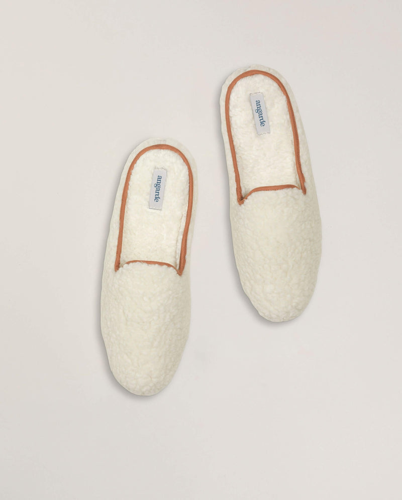 Mule homme bouclette de laine, blanc camel Angarde packshot haut