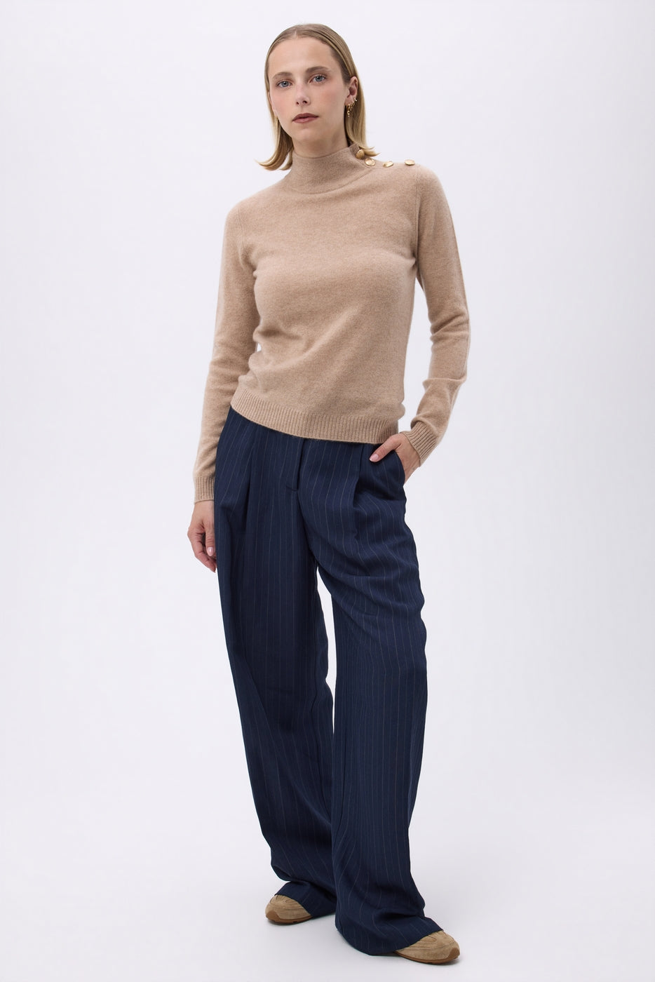 Pull Col Montant Boutons Dorés F Nara - Beige Creme - Femme