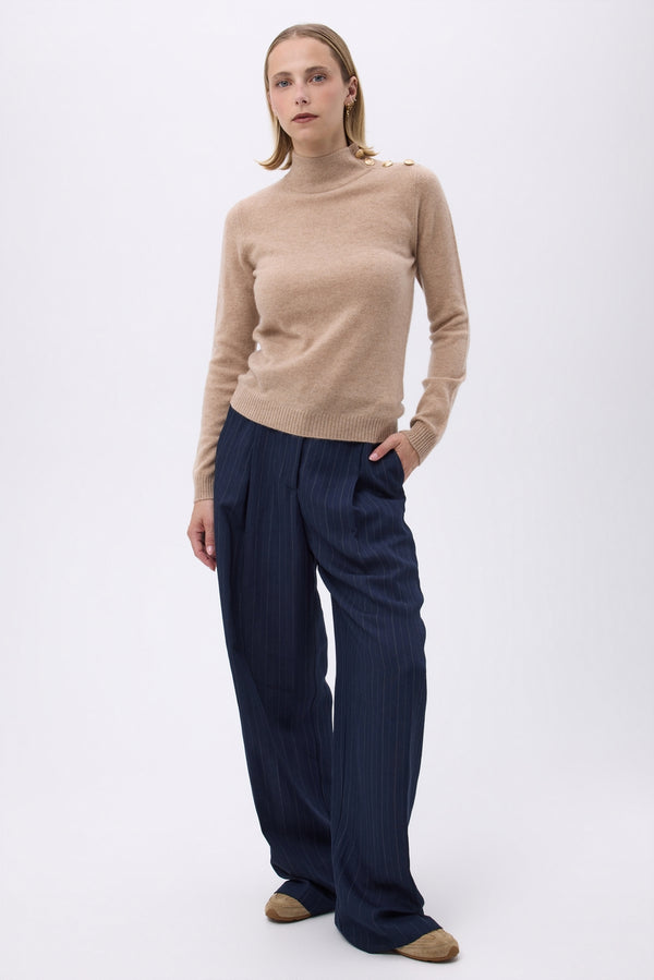 Nara High-Neck Jumper with Gold Buttons - Cream Beige - Women