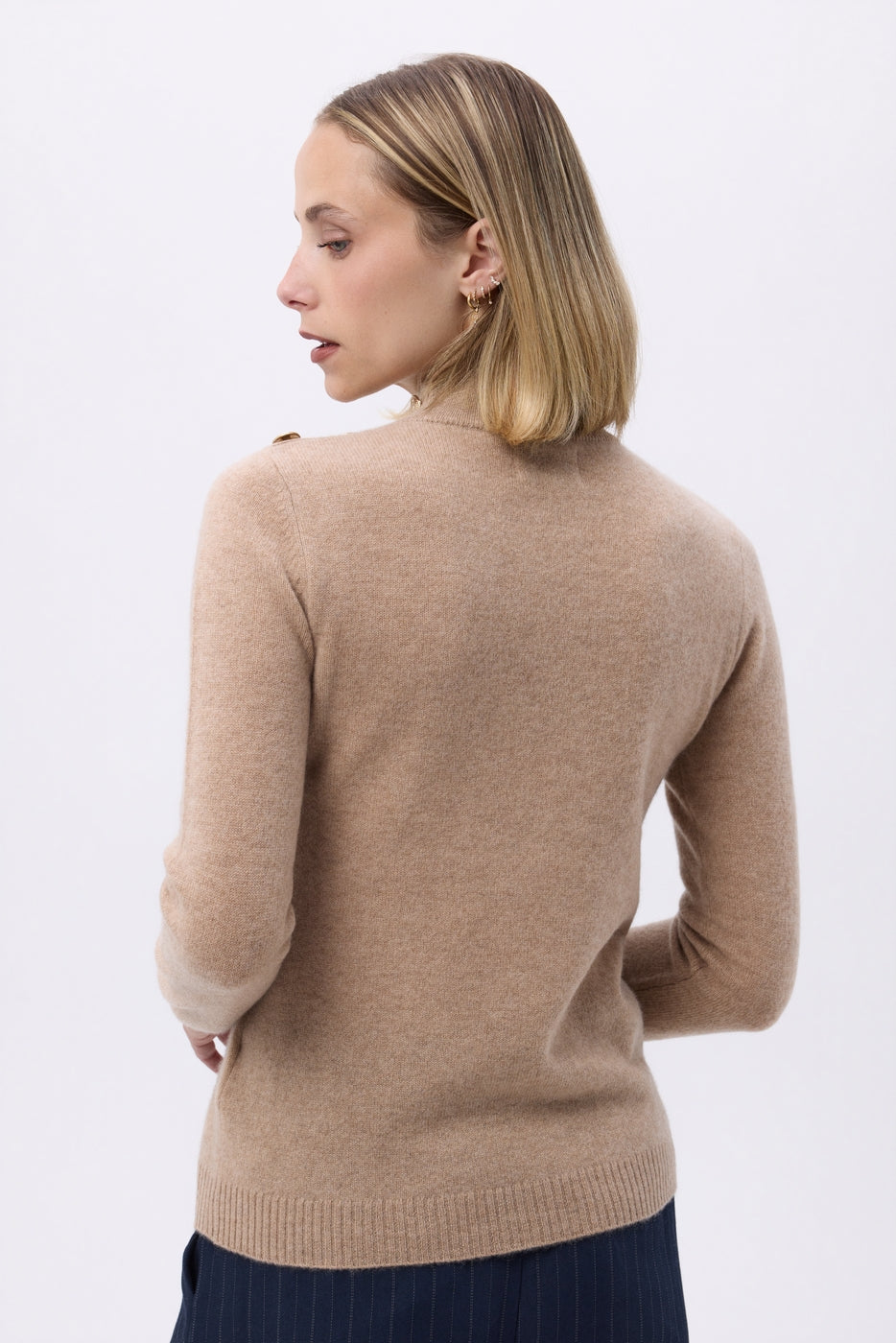 Pull Col Montant Boutons Dorés F Nara - Beige Creme - Femme