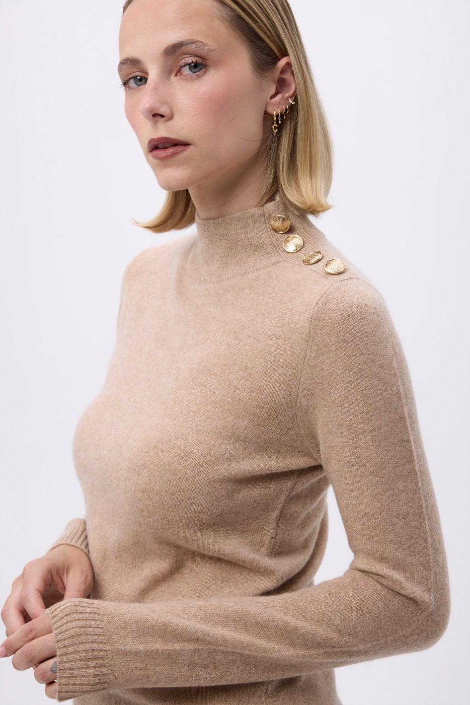 Pull Col Montant Boutons Dorés F Nara - Beige Creme - Femme