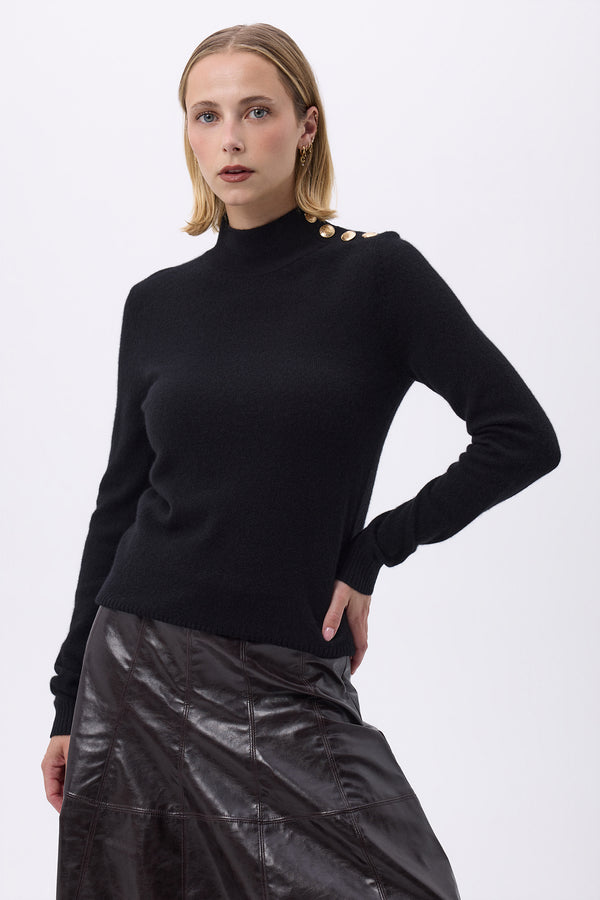 Pull Col Montant Boutons Dorés F Nara - Noir - Femme