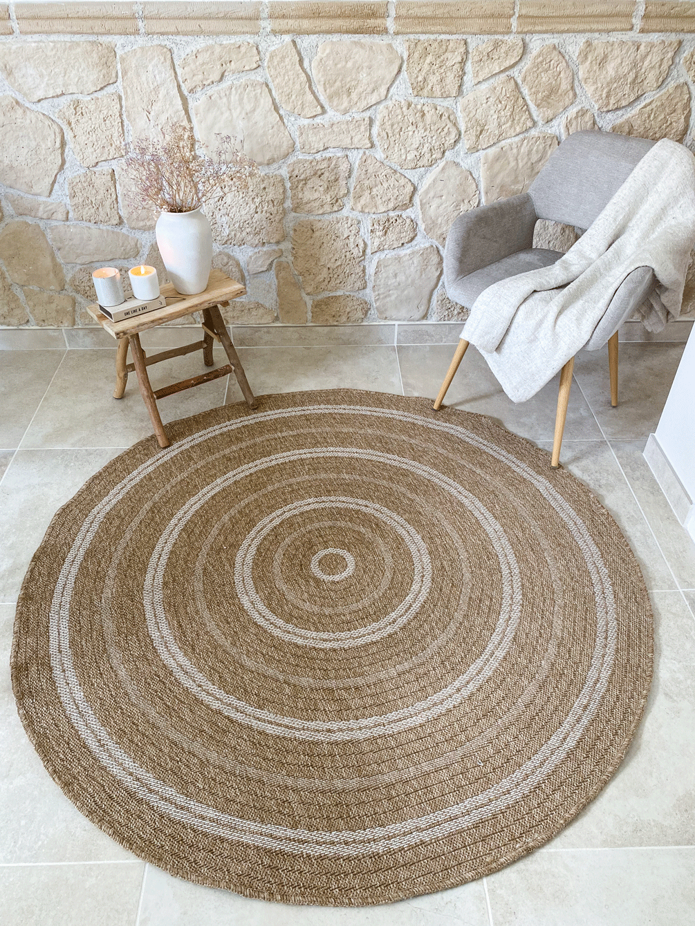 Jute Nature look rug with round white patterns: NAT8863BLA NATURE