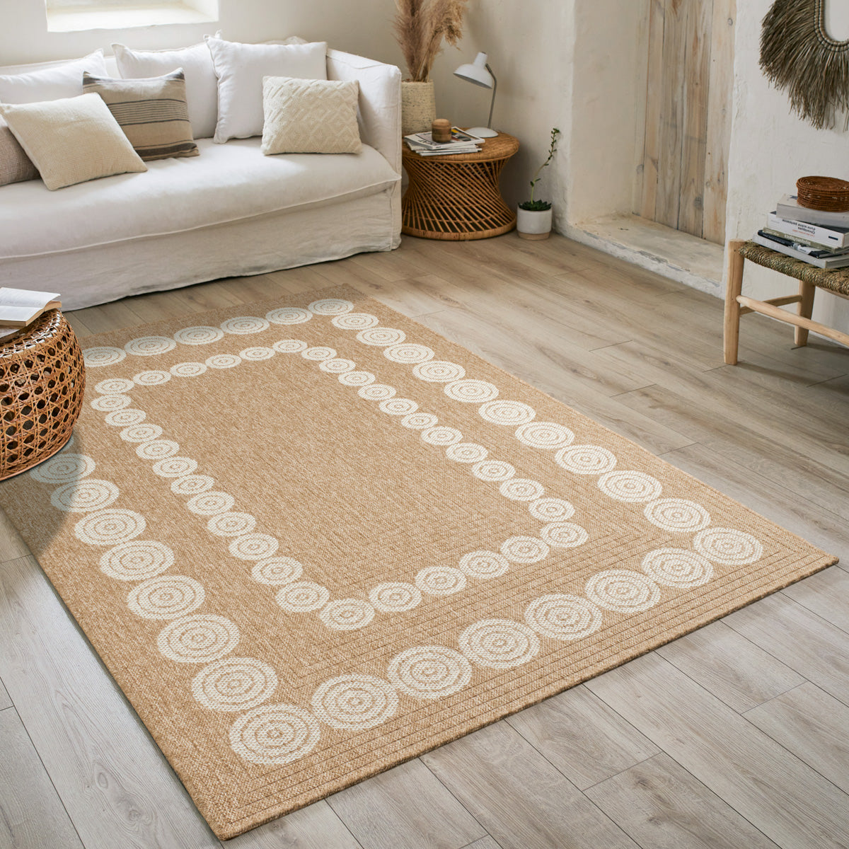 NATURE - Alfombra aspecto yute natural con motivos geométricos blancos - NAT8868BLA NATURE