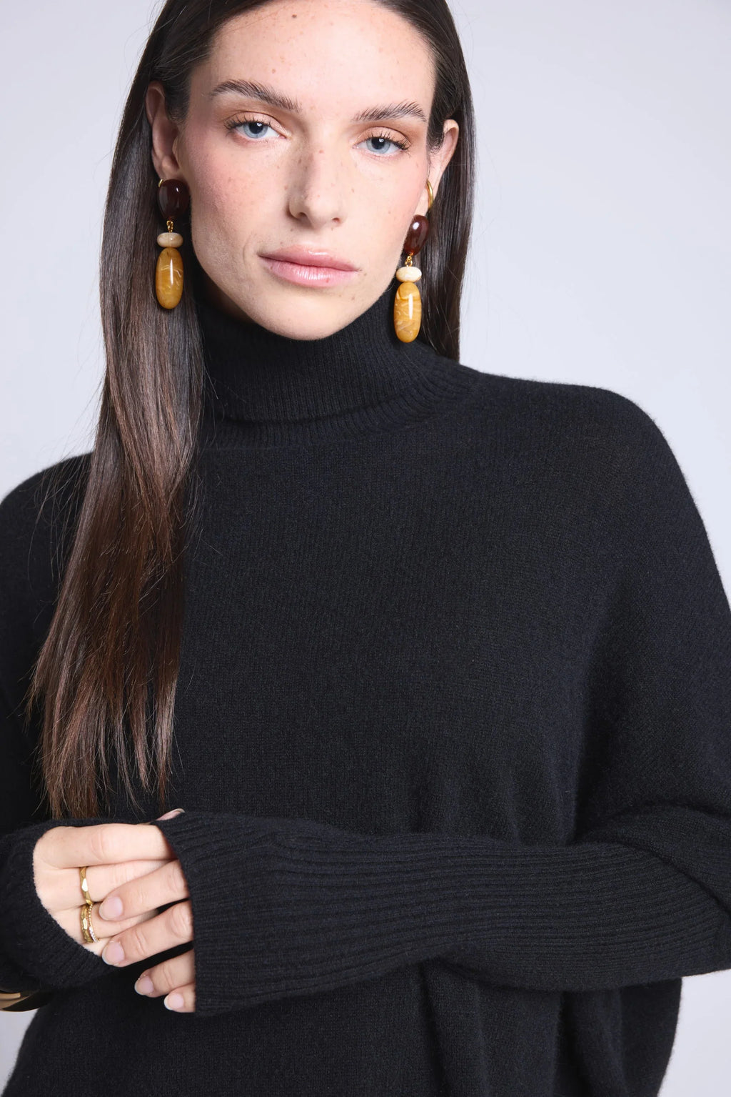Roll Neck Jumper Gold Buttons Poncho Naya - Black and Gold Buttons - Women