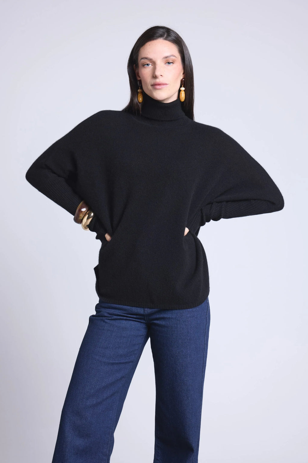 Roll Neck Jumper Gold Buttons Poncho Naya - Black and Gold Buttons - Women
