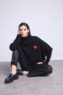 Pull Col Roule Coeur Poncho Naya - Noir Et Cœur Rouge - Femme