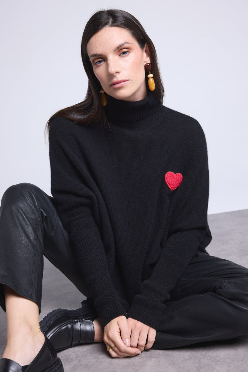 Pull Col Roule Coeur Poncho Naya - Noir Et Cœur Rouge - Femme