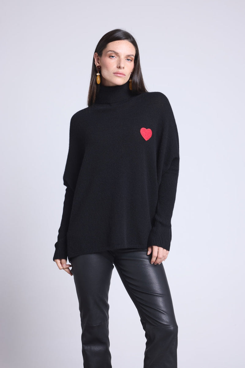 Pull Col Roule Coeur Poncho Naya - Noir Et Cœur Rouge - Femme