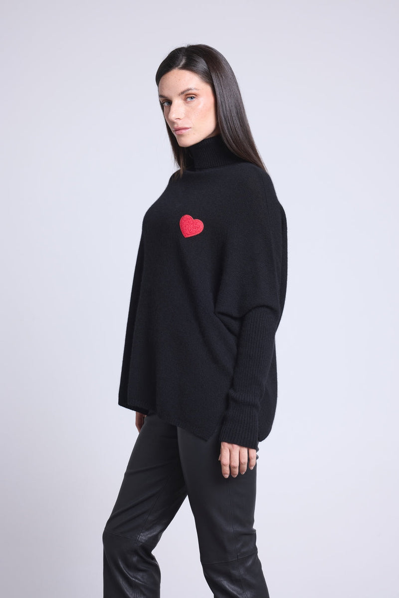 Pull Col Roule Coeur Poncho Naya - Noir Et Cœur Rouge - Femme