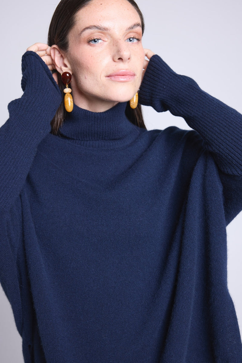 Poncho Naya Turtleneck Sweater - Navy Blue - Women