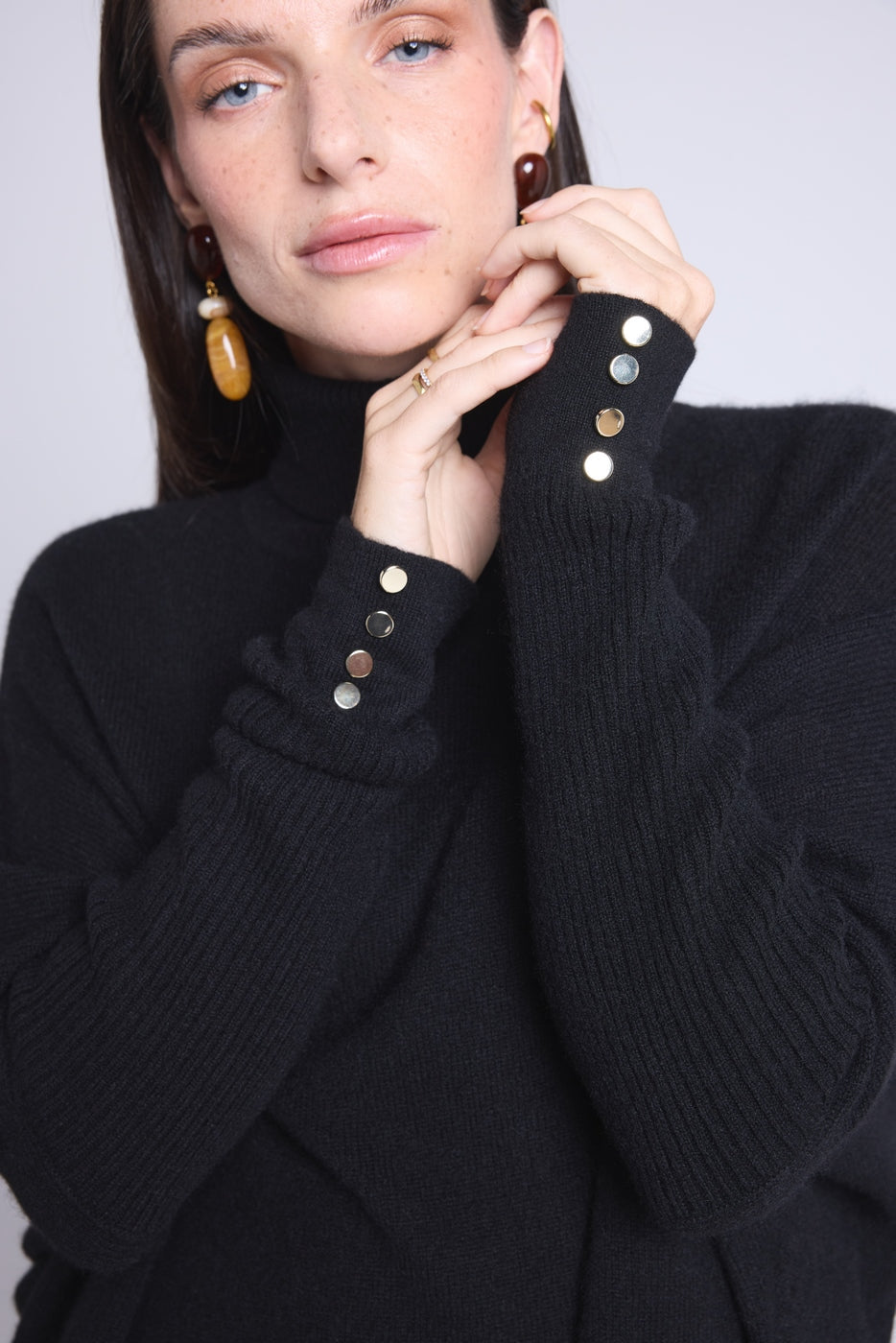 Roll Neck Jumper Gold Buttons Poncho Naya - Black and Gold Buttons - Women