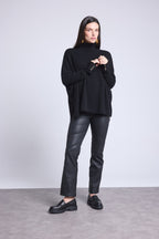 Roll Neck Jumper Gold Buttons Poncho Naya - Black and Gold Buttons - Women
