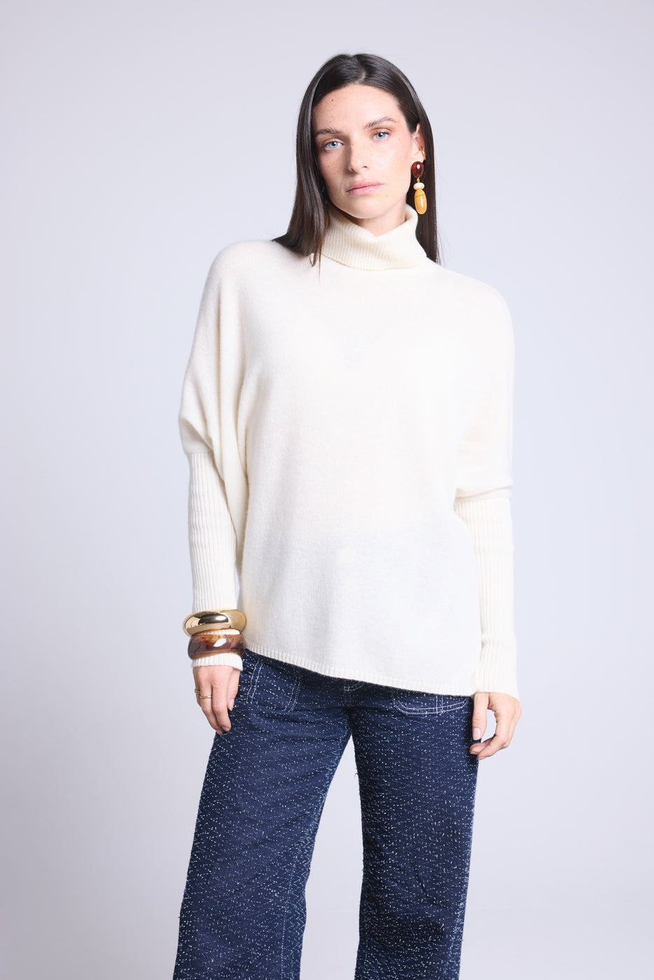 Naya Roll-Neck Poncho Jumper - White - Women