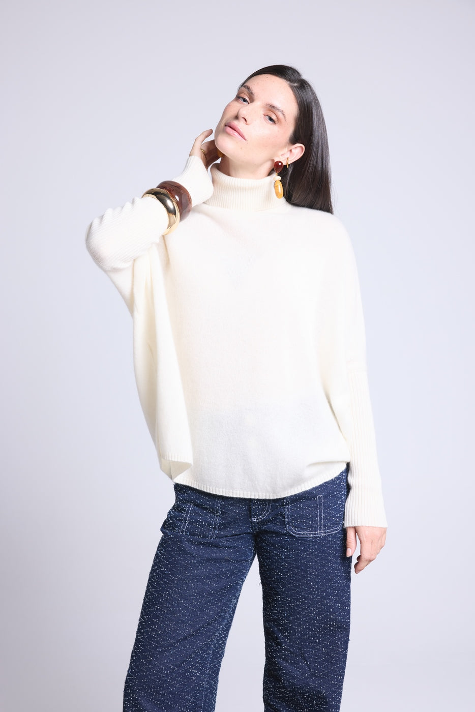 Naya Roll-Neck Poncho Jumper - White - Women