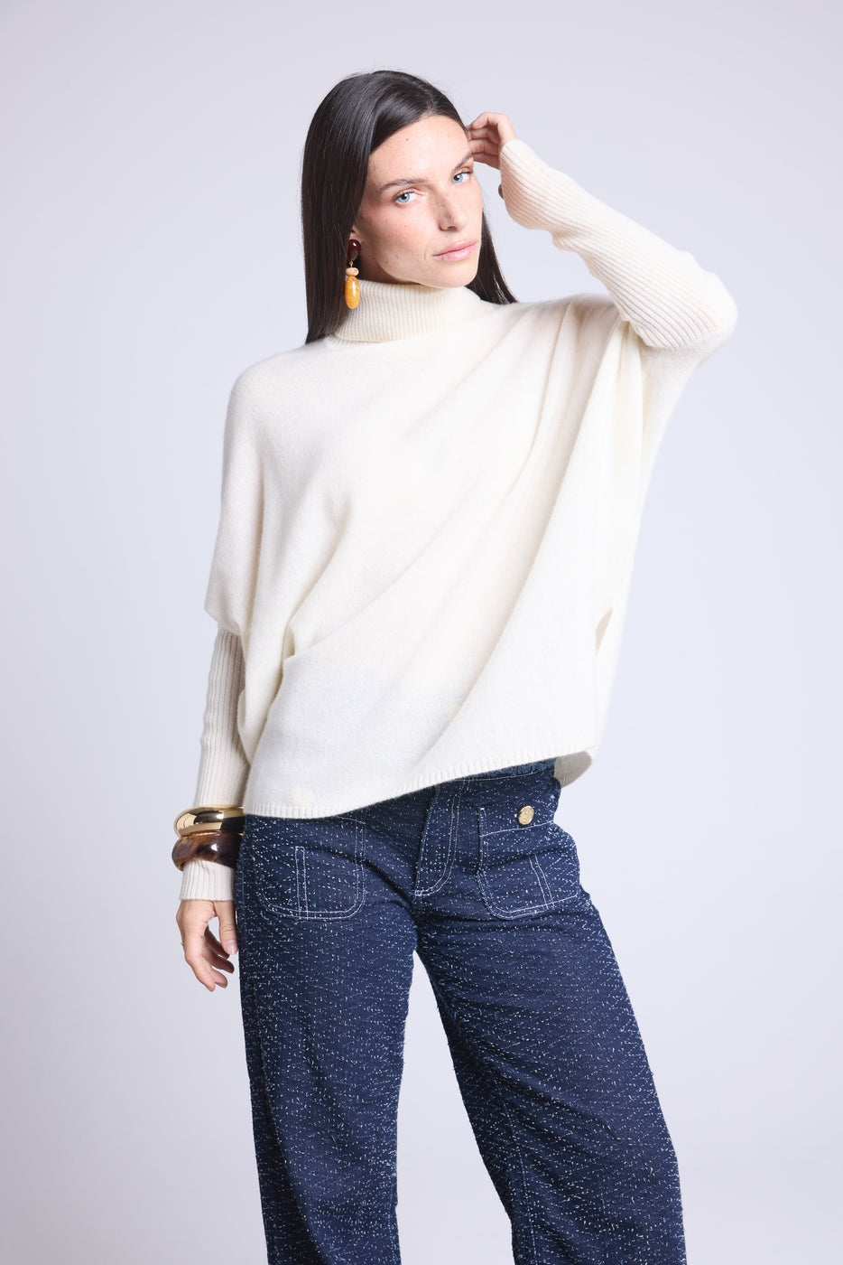 Naya Roll-Neck Poncho Jumper - White - Women