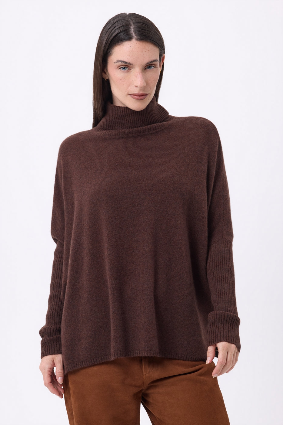 Jersey poncho de cuello alto Naya - Marrón chocolate - Mujer