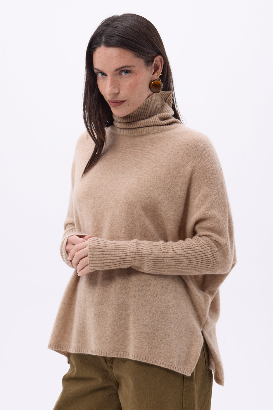 Naya Roll-Neck Poncho Jumper - Cream Beige - Women