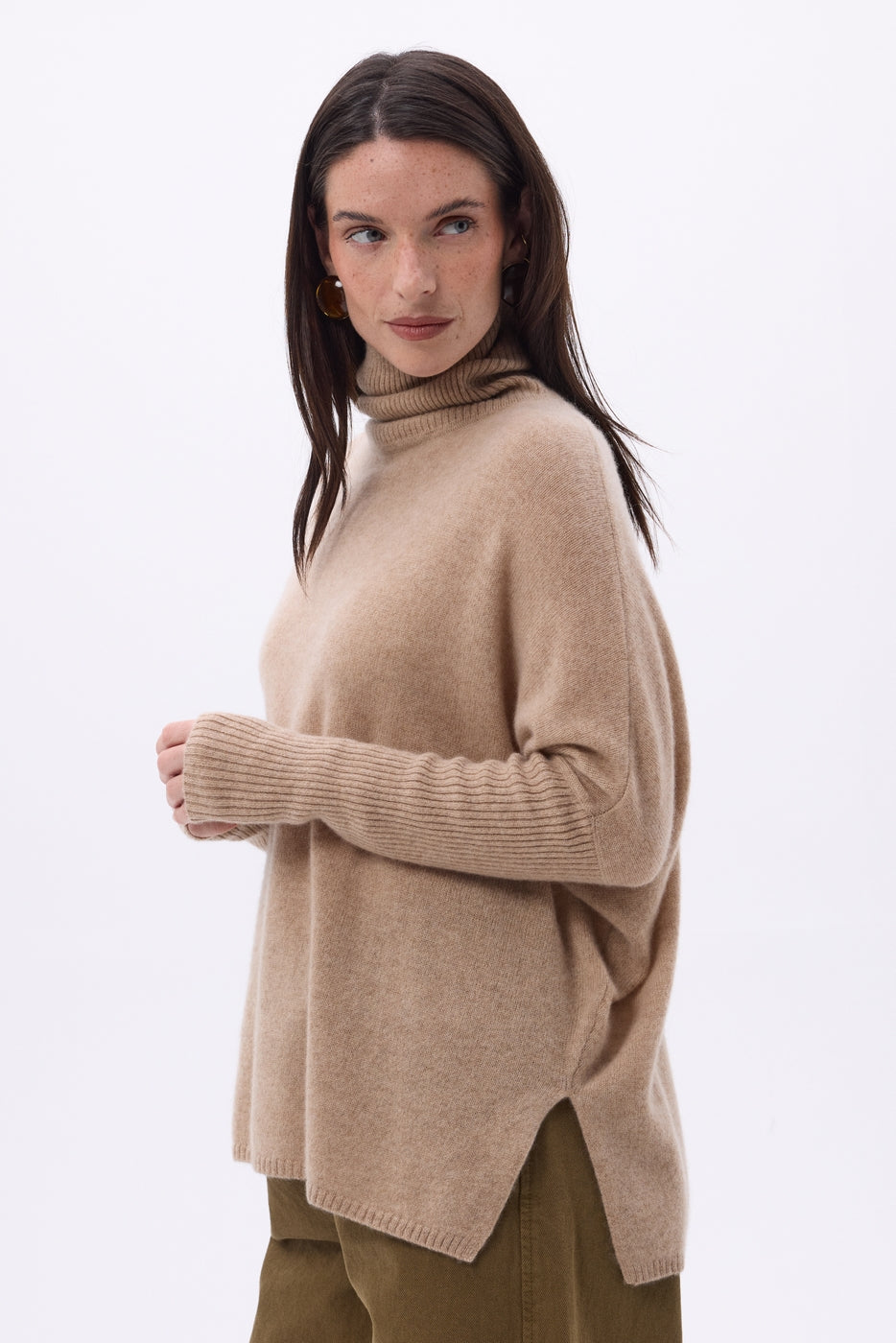 Naya Roll-Neck Poncho Jumper - Cream Beige - Women