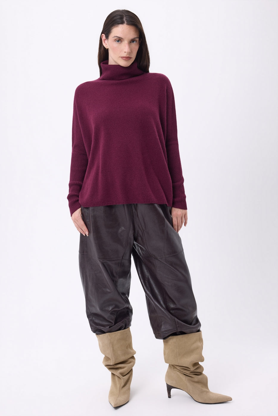 Naya Roll-Neck Poncho Jumper - Wine Lees - Women