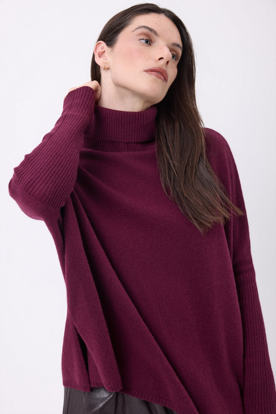 Naya Roll-Neck Poncho Jumper - Wine Lees - Women