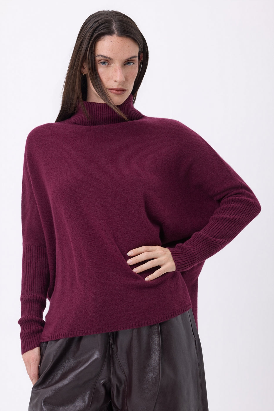 Naya Roll-Neck Poncho Jumper - Wine Lees - Women