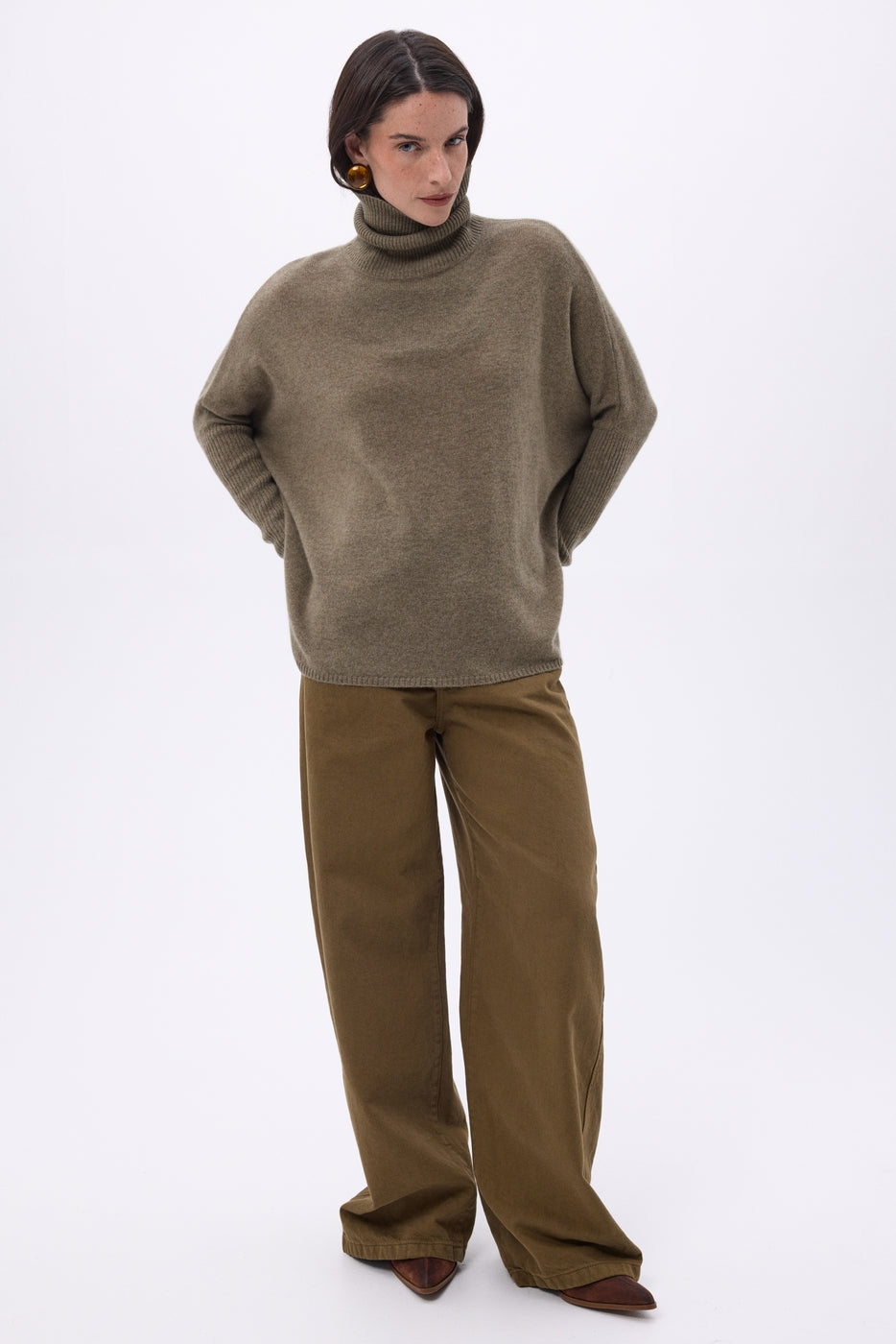 Roll-Neck Poncho Jumper Naya - Mottled Khaki - Women