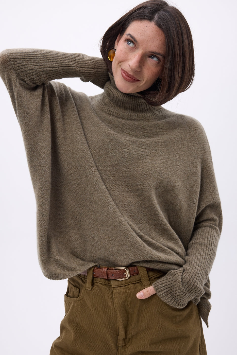 Roll-Neck Poncho Jumper Naya - Mottled Khaki - Women