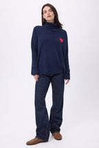 Naya Roll Neck Poncho Jumper With Heart on Chest - Navy Blue Red - Women
