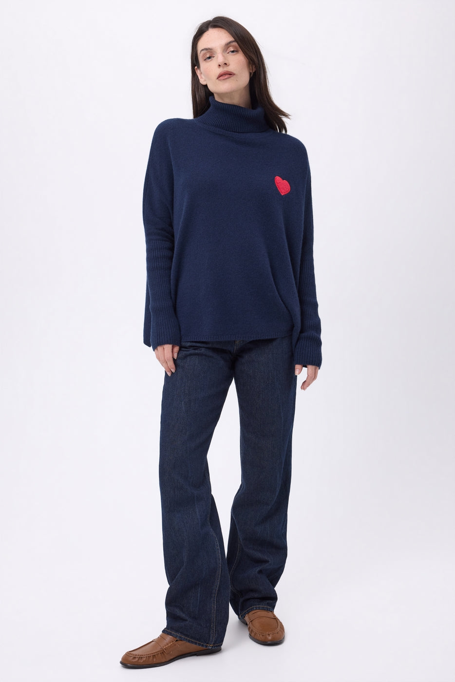 Naya Roll Neck Poncho Jumper With Heart on Chest - Navy Blue Red - Women