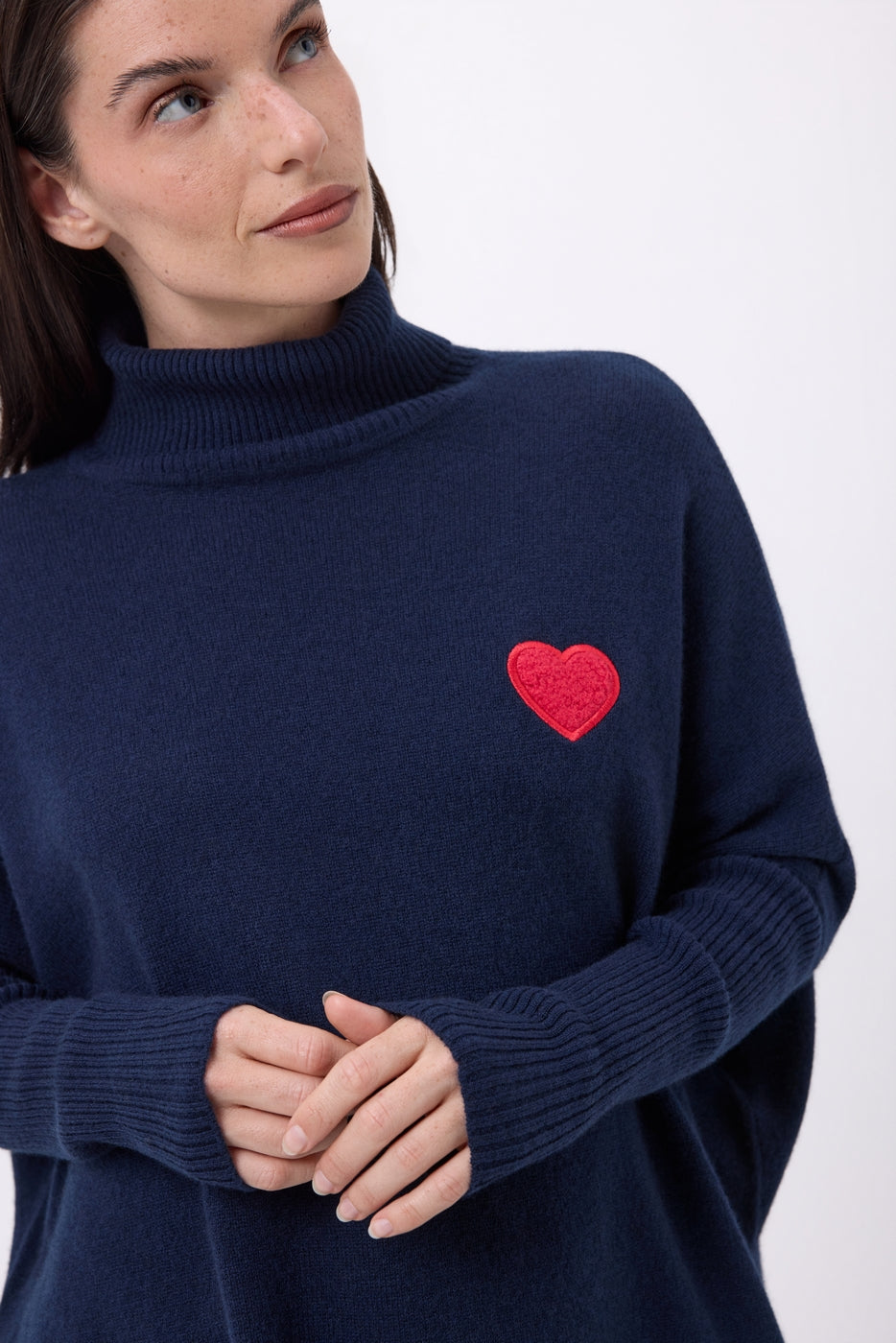 Naya Roll Neck Poncho Jumper With Heart on Chest - Navy Blue Red - Women