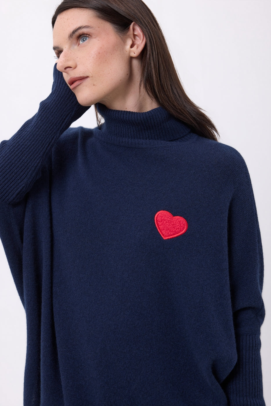Naya Roll Neck Poncho Jumper With Heart on Chest - Navy Blue Red - Women