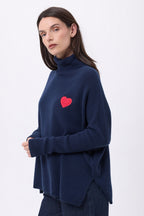 Naya Roll Neck Poncho Jumper With Heart on Chest - Navy Blue Red - Women