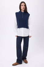 Neo Hooded Bib with Gold Buttons - Navy Blue - Women