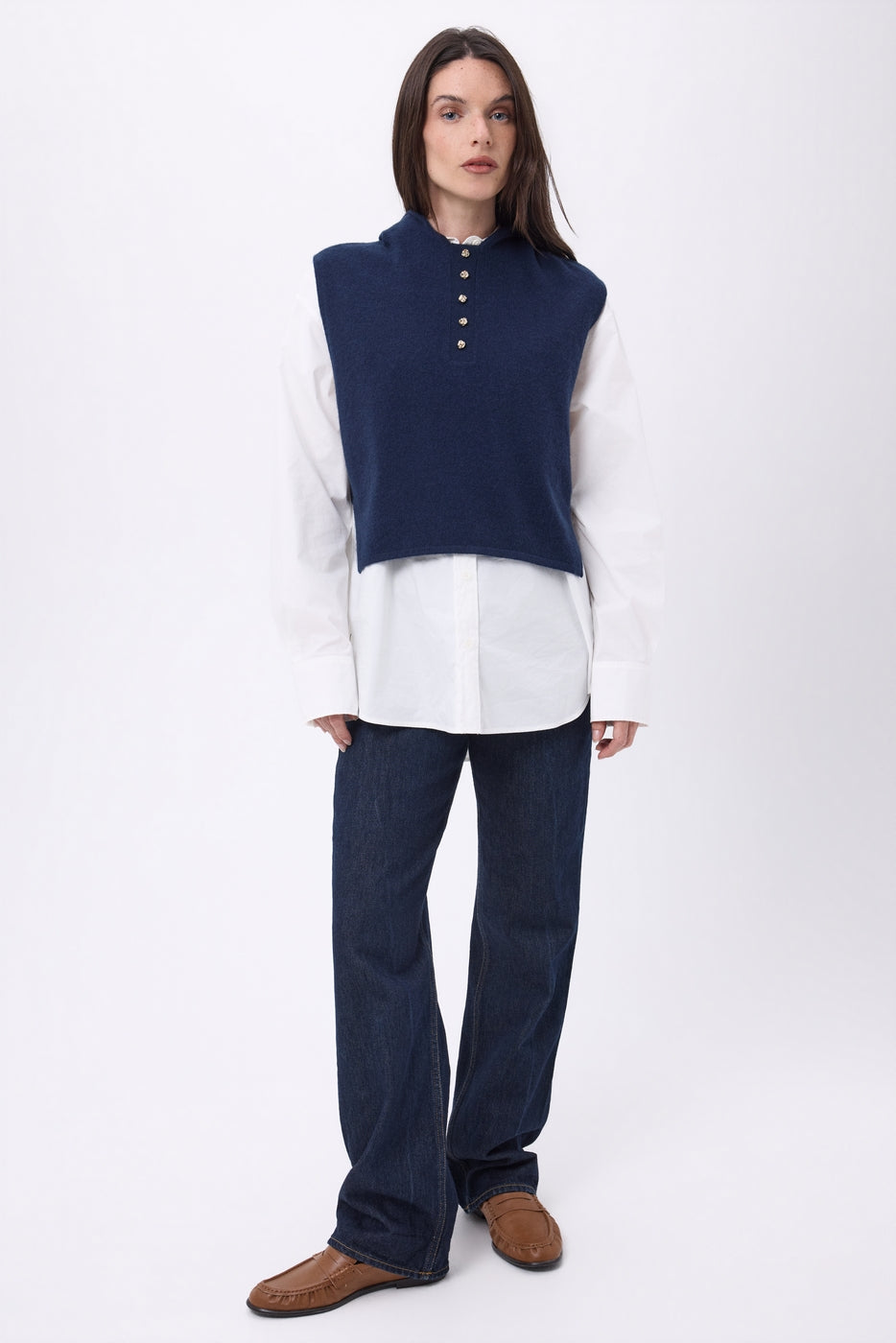 Neo Hooded Bib with Gold Buttons - Navy Blue - Women